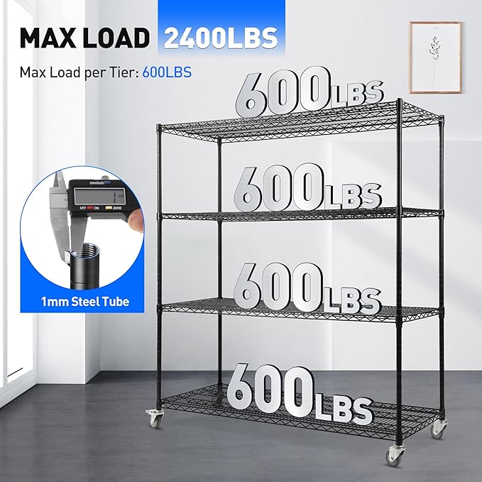 Rengue 4-Tier Wire Shelving with Wheels, 60"x 24"x72" Metal Storage Shelves, Heavy Duty Garage Storage Shelves, Chrome 2400LBS Capacity Wire Shelf Rack for Restaurant, Garage, Pantry, Black-Ruum Studio Home