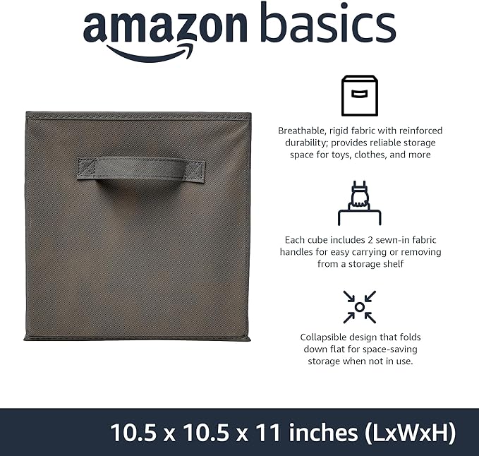 Amazon Basics Collapsible Fabric Storage Cubes Organizer with Handles, Sturdy, Gray, 10.5-x-10.5-x-11-inch, Pack of 6-Ruum Studio Home