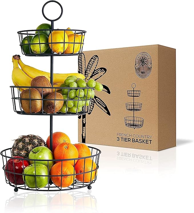 REGAL TRUNK & CO. 3 Tier Fruit Basket, Elegant French Country Wire Baskets, Three Tiered Wire Basket Stand for Vegetables, Bread & More for Countertop or Hanging, Christmas or Birthday Present-Ruum Studio Home