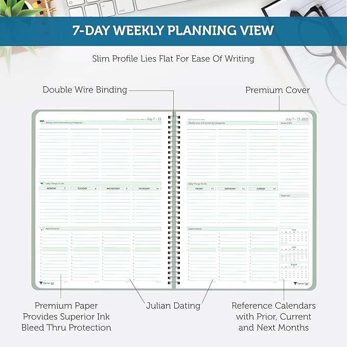 Planner Pad Spiral Bound 3-Tier Funnel Down 12 Month Organizer, July 2025 – June 2026 / Academic Year, Greenish Grey Cover/Soft Green Ink, 8 1/2" x 11"-Ruum Studio Home