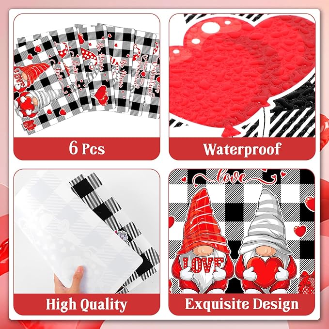 Valentine's Day Placemats Set of 6 Gnomes Plastic Table Mats Buffalo Plaid Place Mats Washable Vinyl Love Hearts Table Decoration for Anniversary Wedding Party Kitchen Dining Table-Ruum Studio Home