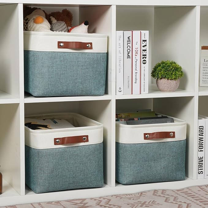 DULLEMELO Storage Baskets for Organizing,Rectangular Fabric Storage Bins with Handles for Office,Bedroom(3-Pack -15 inch X 11 inch X 9.5 inch, White&Dark Green)-Ruum Studio Home