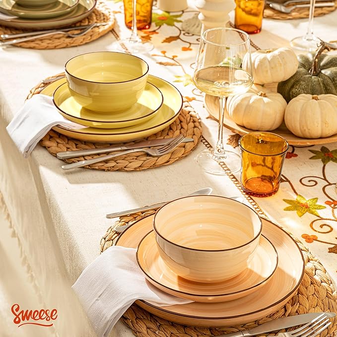 Sweese Plates and Bowls Sets, 18 Piece Dinnerware Set Porcelain Round Dinner Set for 6, Scratch Resistant Dishes Set, Dishwasher and Oven Microwave Safe Handpainted Swirl Dishware Sets, Assorted Green-Ruum Studio Home