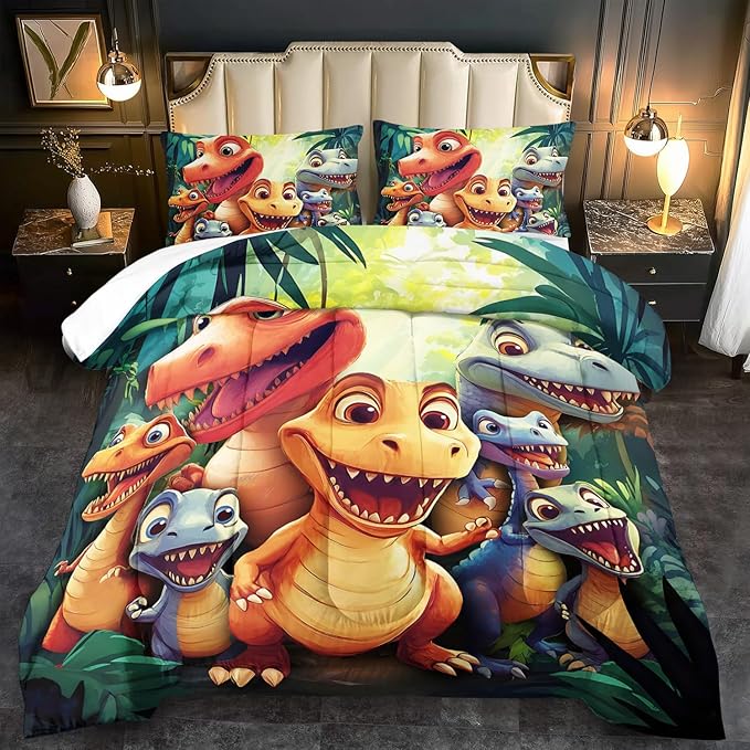 Dinosaur Comforter Set Queen Boys,Cartoon 3D Dinosaur Bedding Set Queen Bed Kids,3D Dragon Comforter Dragon Quilt Pattern Bedroom Decor,Cute Animal Bedding Kawaii Animal Quilt Girls-Ruum Studio Home