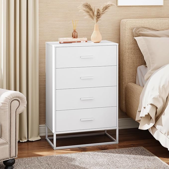 WLIVE White Wood Dresser for Bedroom with 4 Drawers, Tall Chest of Drawers with Sturdy Metal Frame for Living Room, Hallway, Closet-Ruum Studio Home