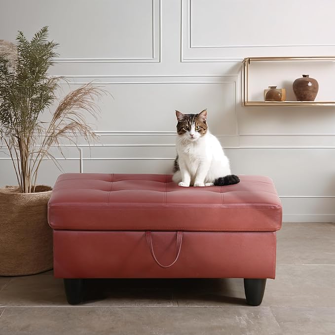 Ottoman Rectangular Storage Ottoman Bench, Faux Leather Footrest, Coffee Table, Stool Footstool with Hinged Lid for Living Room, Bedroom, Entryway, Red, 35"x23.5"x17.5"-Ruum Studio Home
