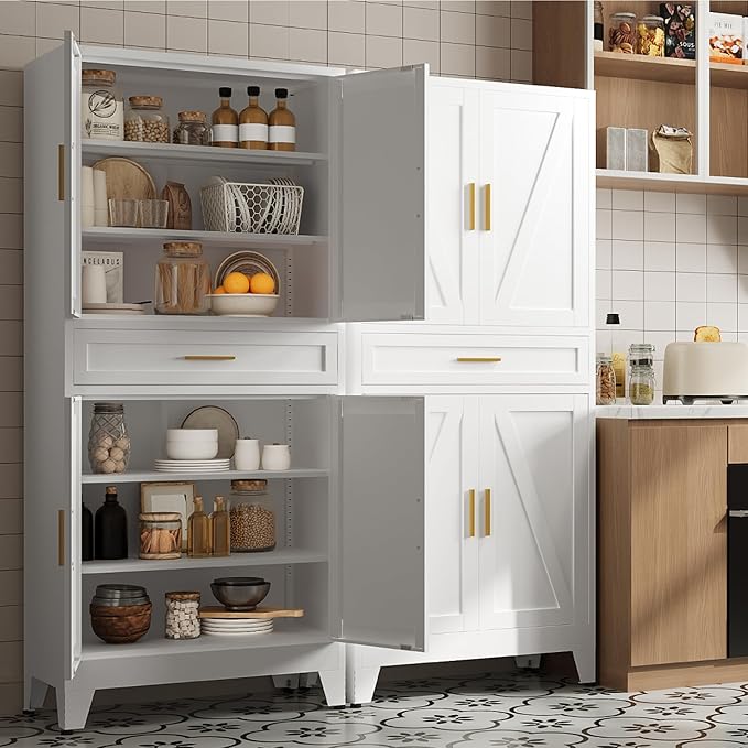71 "Farmhouse Metal Filing Cabinet with a Drawer and 4 Adjustable Shelves, with 4 Large barn Door White Kitchen Cabinets, Metal Food Cabinets for Home, Kitchen, Dining/Living Room (White)-Ruum Studio Home