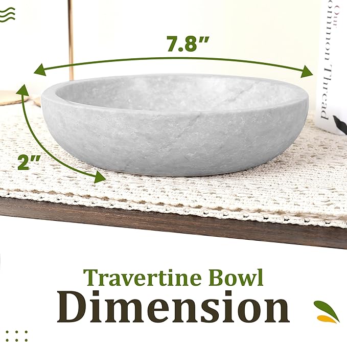 Travertine Decorative Bowl - 7.8” Diameter & 2” Height - Key Bowl for Entryway Table - Organic Modern Centerpiece - White/Gray-Ruum Studio Home