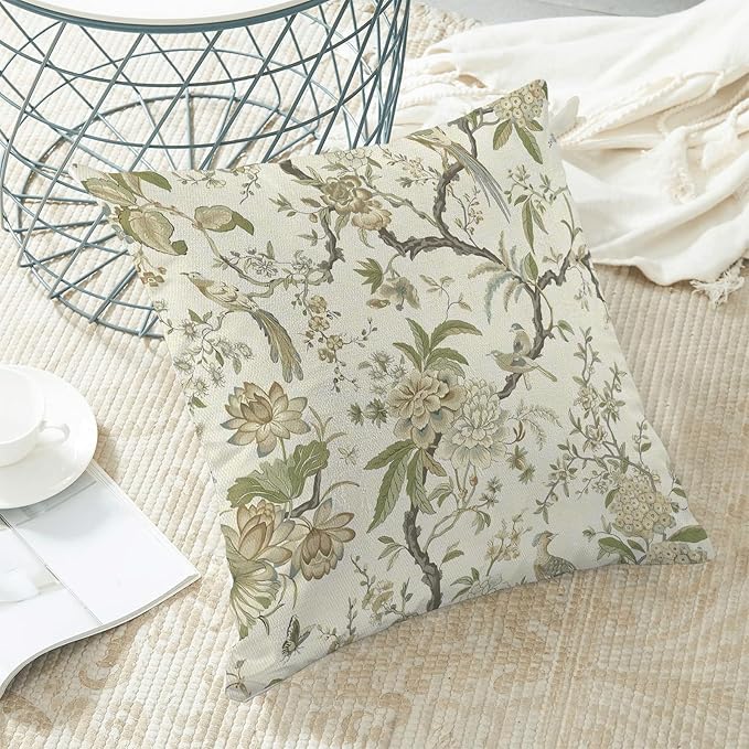 CXMEIFLY Spring Floral Birds Pillow Covers 24 x 24 Inch Set of 2 for Chinoiserie Flowers Decor Throw Pillows Sage Green Plant Outdoor Decorative Cushion Cases for Couch Bed Decorations-Ruum Studio Home