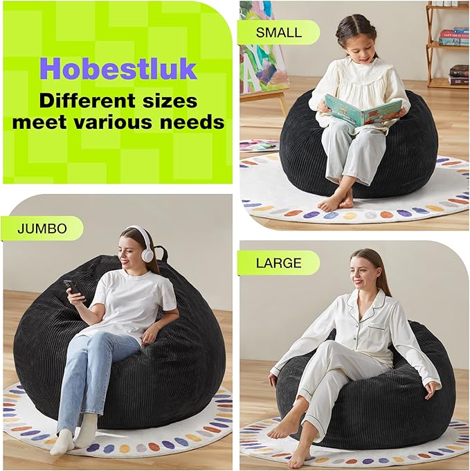 Hobestluk 4.5FT Bean Bag Chair Giant Bean Bag Chair with Filler Included Adult Bean Bag Chairs with Removable Cover for Bedroom Living Room - (Jumbo, Black)-Ruum Studio Home