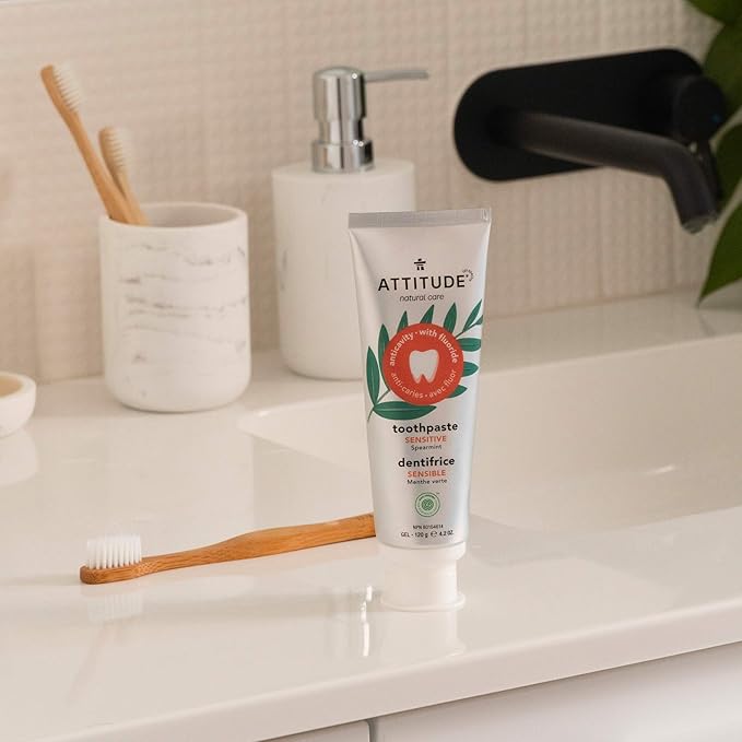 ATTITUDE Toothpaste with Fluoride, Prevents Tooth Decay and Cavities, Vegan, Cruelty-Free and Sugar-Free, Sensitive, Spearmint, 4.2 Oz (Pack of 2)-Ruum Studio Home