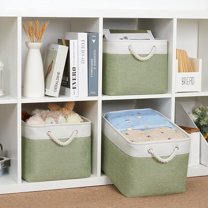 Bidtakay Large Fabric Baskets for Organizing [3-pack] Closet Organizers and Storage Baskets for Gifts Empty Foldable Nursery Baskets for Toy Storage 15 X 11 X 9.5 Inches (White&green)-Ruum Studio Home