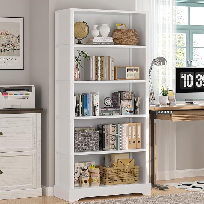 TVU 5-Shelf Wood Bookcase, 65 Inch Tall Bookshelf with Storage, Floor Standing Display Book Shelf，for Living Room Bedroom Study Office, White-Ruum Studio Home