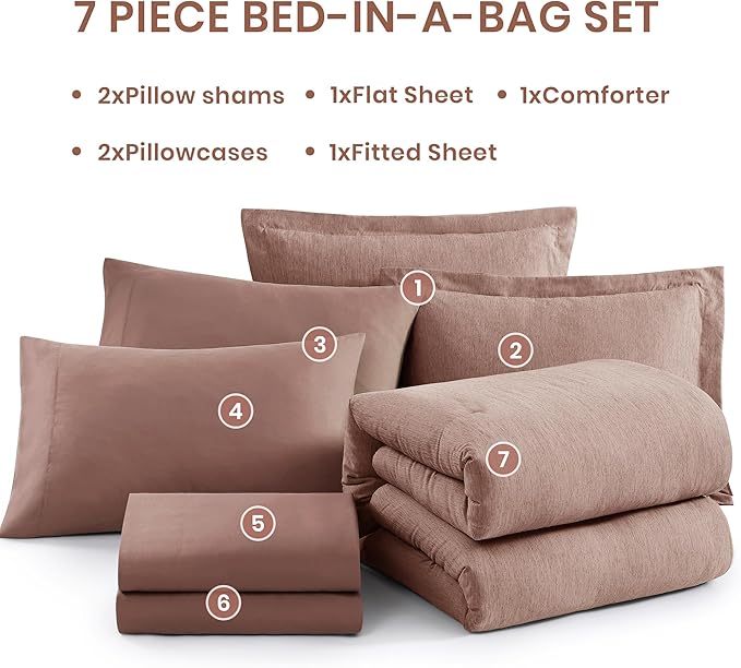 Monbix Queen Comforter Set - 7 Pieces Dusty Pink Cationic Dyeing Bed in a Bag Queen Bedding Sets with Sheets, Pillowcases & Shams, Reversible Bedding Comforters-Ruum Studio Home