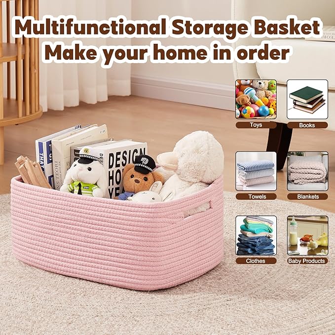 OIAHOMY Storage Basket for Shelves, Closet Cube Storage Bins Baskets for Clothes Blanket Towels, Baby Nursery, Toy Baskets Box, Woven Rope Basket, 15.75*11.81*7.09 IN, 2 Packs Pink-Ruum Studio Home