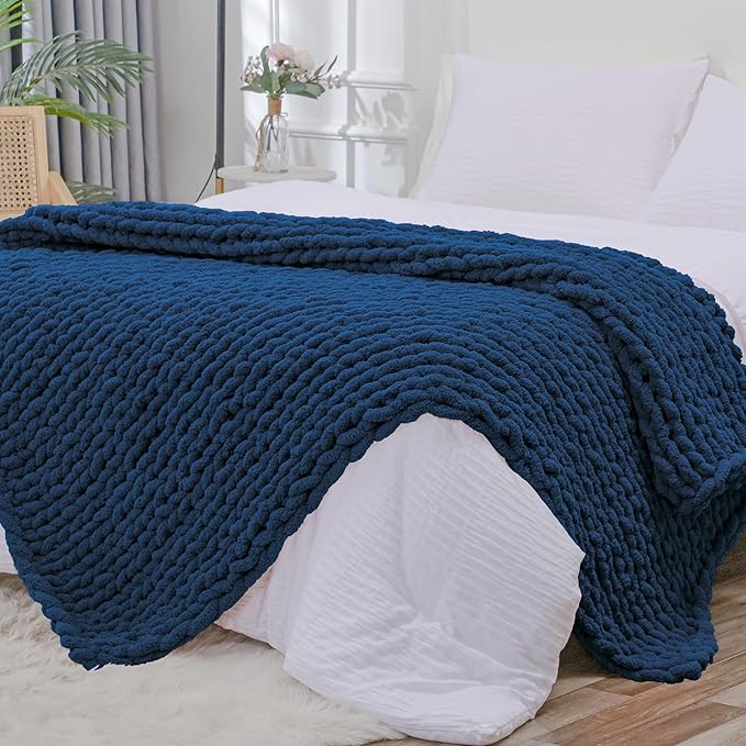 Bigacogo Chunky Knit Throw Blanket for Couch, 60x80 inches, 100% Hand Knitted with Thick Jumbo Chenille Yarn, Cozy Soft Large Rope Knot Cable Crochet Blankets for Sofa Bed Living Room, Navy Blue-Ruum Studio Home