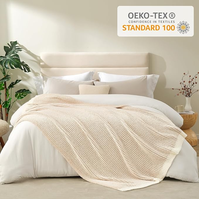 Snuggle Sac Cream Waffle Blanket for Couch Bed Sofa 60x80 inches, Reversible Beige Soft Throw Microfiber Fluffy Fuzzy Cozy Knit Twin Blanket for Women Mothers Birthday Gifts-Ruum Studio Home