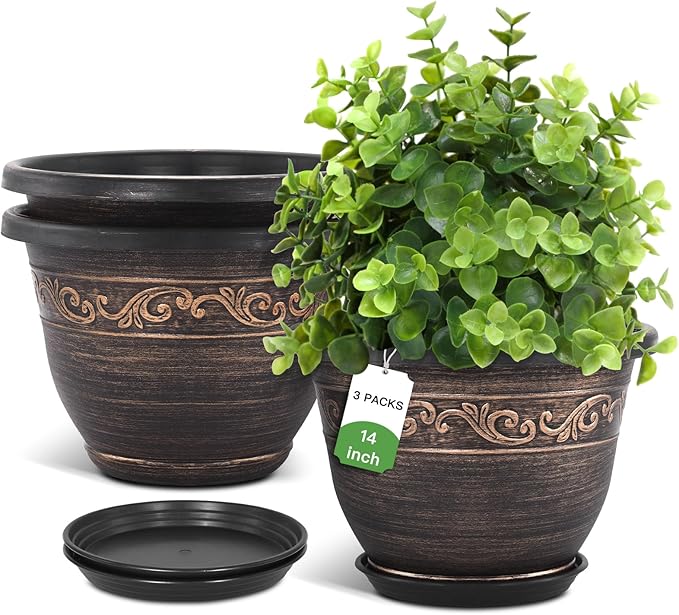 Plastic-Plant-Flower-Planters-14 Inch with Drainage Hole & Saucer, 3 Packs Lightweight Large Resin Flower Pot Indoor Outdoor, Retro Antique Imitation Decorative Garden Containers Sets for Houseplants-Ruum Studio Home