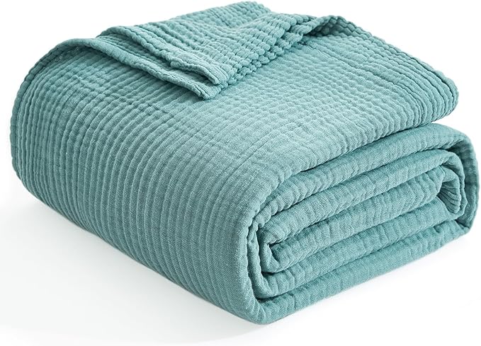 EMME Cotton Blanket Twin XL for Bed Soft Muslin Blankets 66"x90" Lightweight Breathable Layering Bedspread Coverlet All Season Gauze, Teal-Ruum Studio Home