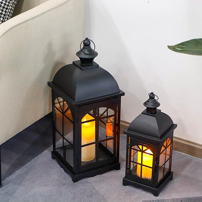TRIROCKS Set of 2 Decorative Vintage Candle Lanterns 14.5"&20" H Farmhouse Outdoor Hanging Lanterns with Tempered Glass for Porch, Balcony, Patio, Home, Centerpieces, Indoor, Outdoor(Black)-Ruum Studio Home
