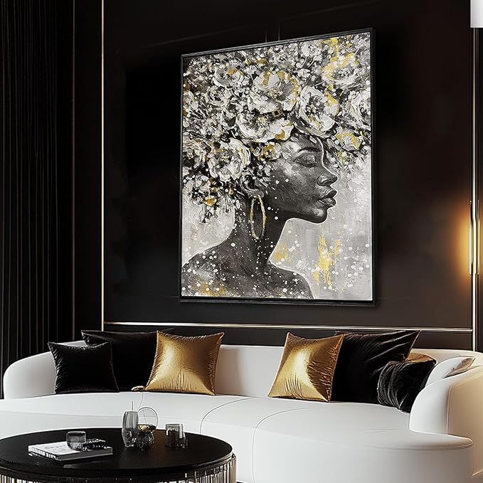 MLART99 Gold African American Wall Art Black Woman Wall Decor with Frame Vertical Floral Canvas Painting Modern Print Bedroom Living Room Decor 24x36 Inch-Ruum Studio Home