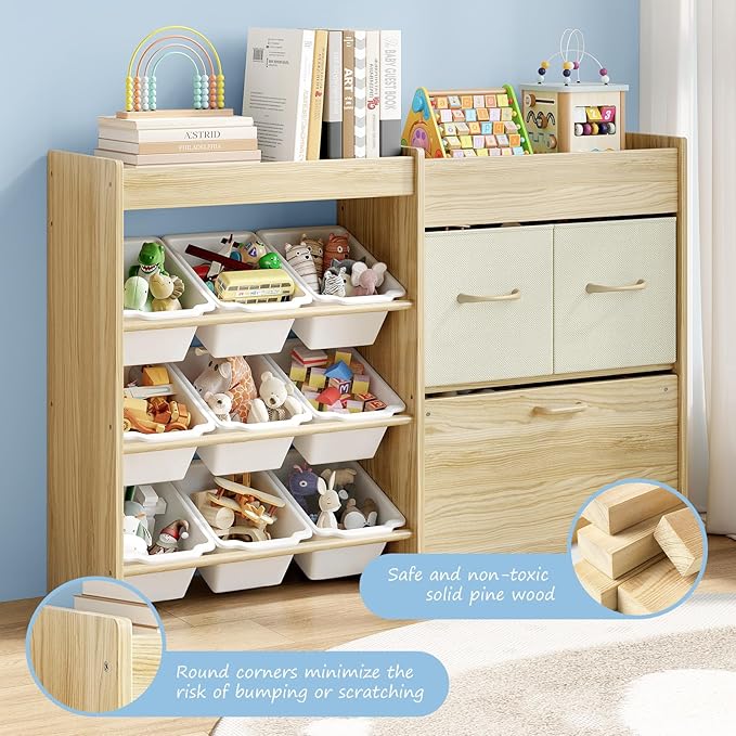 Toy Storage Organizer for Kids, 9-Bin Toy Organizer with 2-Drawers,Movable Toy Chest and Top Rack, Multifunctional Kids Bookshelf and Toy Storage for Living Room, Playroom, Nursery, White-Ruum Studio Home