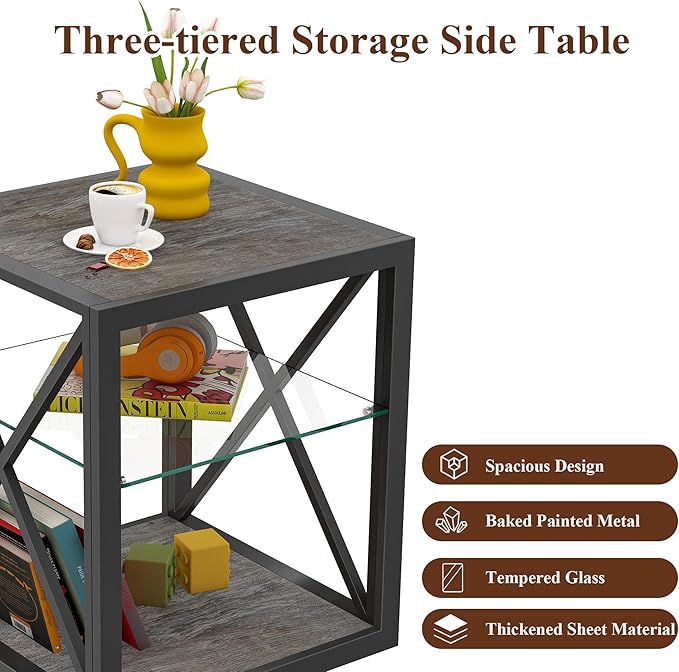 Farmhouse End Table, Modern Side Table with 3-Tier Storage Shelf, Square Rustic Nightstand, Accent Tea Table, for Bedroom Office Living Room, Grey, Natural Wood, Glass, Metal-Ruum Studio Home