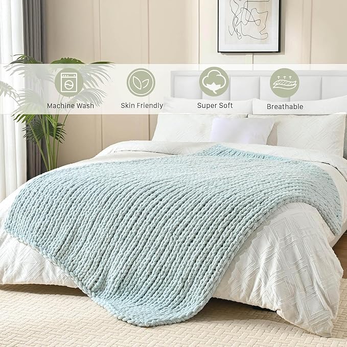 Esterra Chunky Knit Blanket Throw 50"x60", 100% Hand Knitted Chenille Throw Blanket, Cozy Soft Thick Cable Knit Throw Large Rope Knot Crochet Throw Blanket for Sofa Couch Bed, Sky Blue-Ruum Studio Home