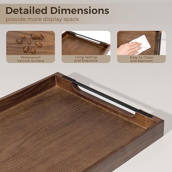 Axeman Wooden Serving Tray with Metal Handles|Ottoman Tray for Breakfast, Bed, Couch|17x13in Ash Wood Coffee Table Trays|Food Drinks Decorative Storage Boards for Ottoman Kitchen, Walnut-Ruum Studio Home