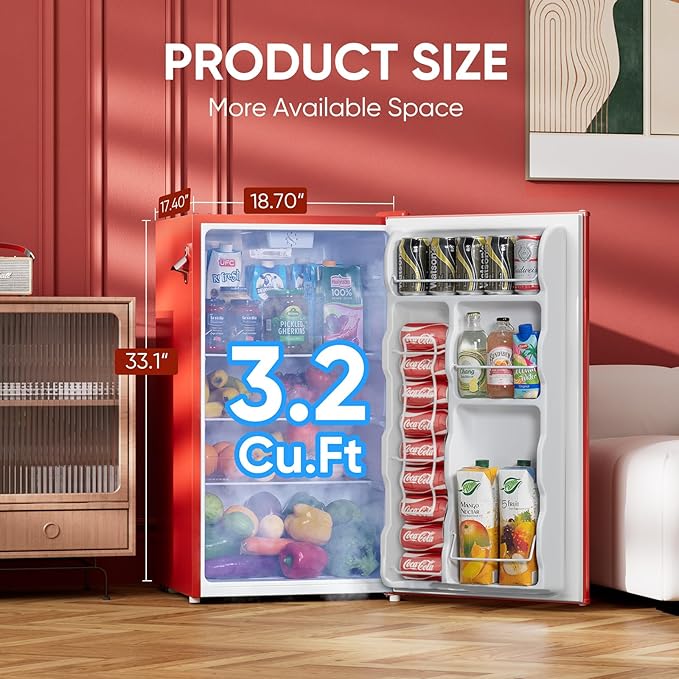 Upstreman 3.2 Cu.Ft Retro Mini Fridge with Bottle Opener, Energy Saving, Adjustable Thermostat, Metal Handle, LED Lamp, Mini Refrigerator for Bedroom, Office, Dorm-BR321 PRO (Red)-Ruum Studio Home