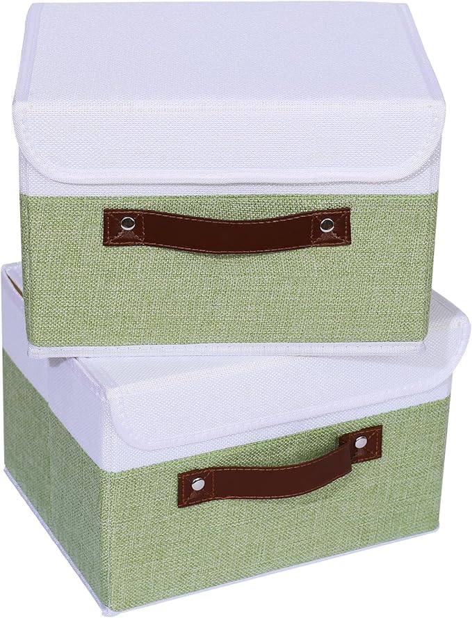 ANMINY 4PCS Storage Boxes with Lid Washable Decorative Storage Bins Basket with PU Leather Handle Foldable Linen Fabric Storage Cubes Containers for Home Closet Organizer - Green White, Small Size-Ruum Studio Home