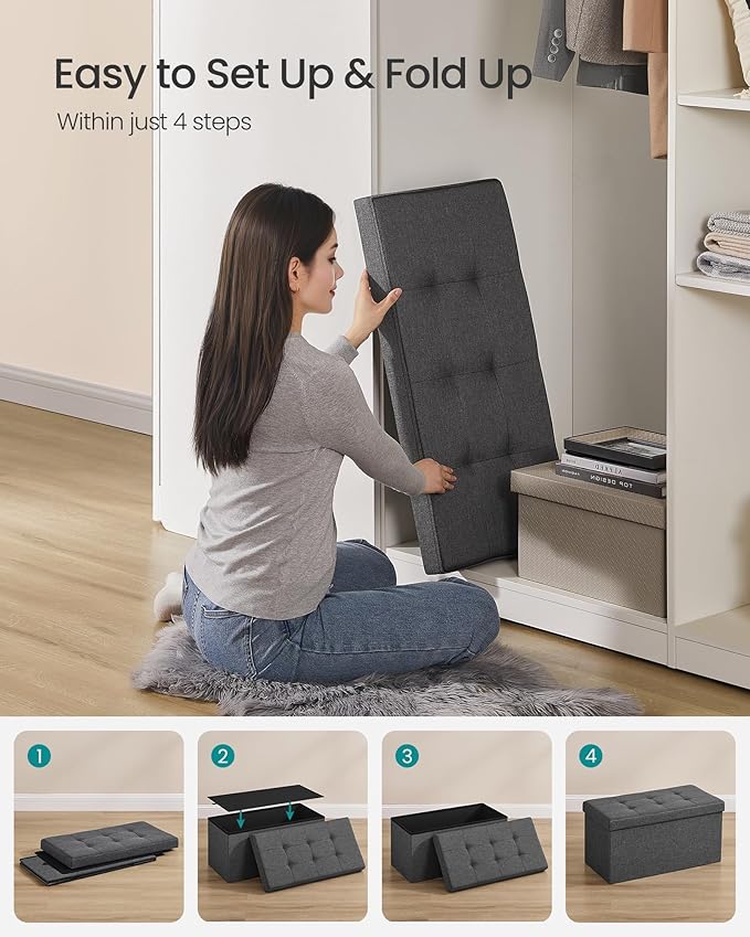 SONGMICS MAZIE Collection - 30 Inches Folding Storage Ottoman Bench, Ottoman Foot Rest, End of Bed Bench, Storage Chest, Load 660 lb, for Living Room, Bedroom, Entryway, Dark Gray ULSF47K-Ruum Studio Home