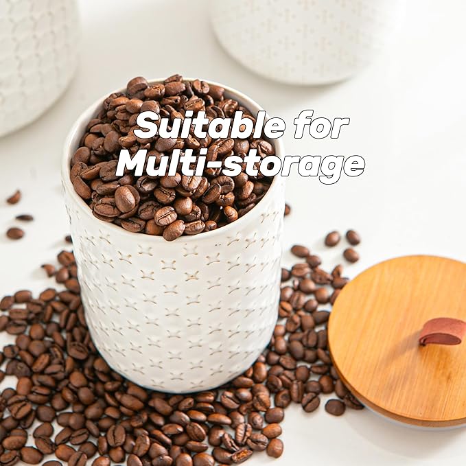 JOJUNO White Ceramic Canister Set with Wooden Lids – 3-Piece Airtight Food Storage Jars for Kitchen, Embossed Design, Small/Medium/Large Sizes (30/48/82 oz) – Flour, Sugar, Coffee, Tea Containers-Ruum Studio Home