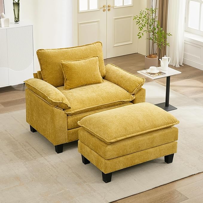 URRED Modular Sectional Sofa Comfy Cloud Couch, Modern Chenille Sofa Sleeper Deep Seat Couches with Ottoman/Pillows for Living Room (Yellow, 53''- Ottoman)-Ruum Studio Home