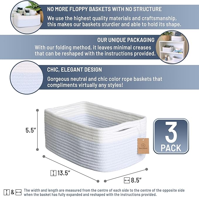 NaturalCozy 13.5”x8.5”x5.5” Rectangle Storage Baskets for Shelves 3 Pack | Cotton Rope Woven Small Baskets for Organizing | Small Storage Bins for Nursery, Bathroom, Closet, Shelf, Decorative-Ruum Studio Home