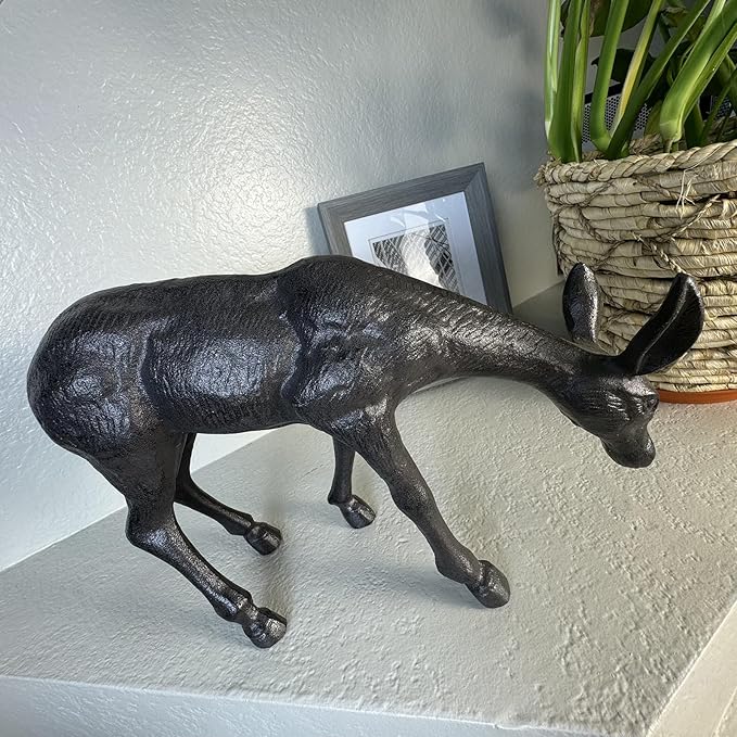 Cast Iron Deer Sculpture（11.4" Tall）, Realistic Lawn Garden Decor Statue, Lifelike Grazing Deer Figure, Outdoor/Indoor Decorative Art, Metal Animal Ornament HC3672-Ruum Studio Home