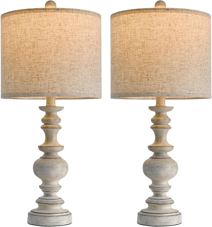 BOBOMOMO 24" Farmhouse Retro Table Lamp Set of 2, Traditional Resin Lamps for Living Room Bedroom, Vintage Bedroom Lamps with Linen Shades, Rustic Table Lamps for Living Room, Nursery, Office-Ruum Studio Home
