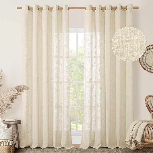 LAMIT Linen Curtains 84 Inches Long for Living Room, Bronze Grommet Linen Light Filtering Window Treatments Semi Sheer Modern Drapes for Bedroom,2 Panels Set 60 x 84 Inch, Beige-Ruum Studio Home