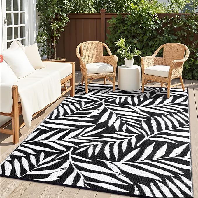 OLANLY Waterproof Outdoor Rug 9x12 ft, Reversible Outdoor Plastic Straw Rug with Leaf Pattern, RV Mat, Indoor Outdoor Carpet for Patio, Camping, Balcony, Deck, Backyard, Black & White-Ruum Studio Home