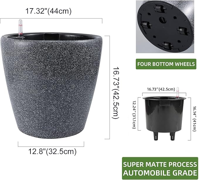 Dexceder 18x17 Self Watering Planter with Wheels Indoor Outdoor, Inner Pot Design, Thickened Large Floor Standing Flower Plant Pot with Water Level Indicator (Stone Matte)-Ruum Studio Home