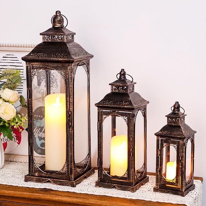 TRIROCKS Set of 3 Vintage Candle Lanterns 10/14/19.5''H Decorative Outdoor Lantern Metal Candle Holder with Tempered Glass for Home Living Room Garden Yard Event Indoor Outdoor (Black with Gold Brush)-Ruum Studio Home