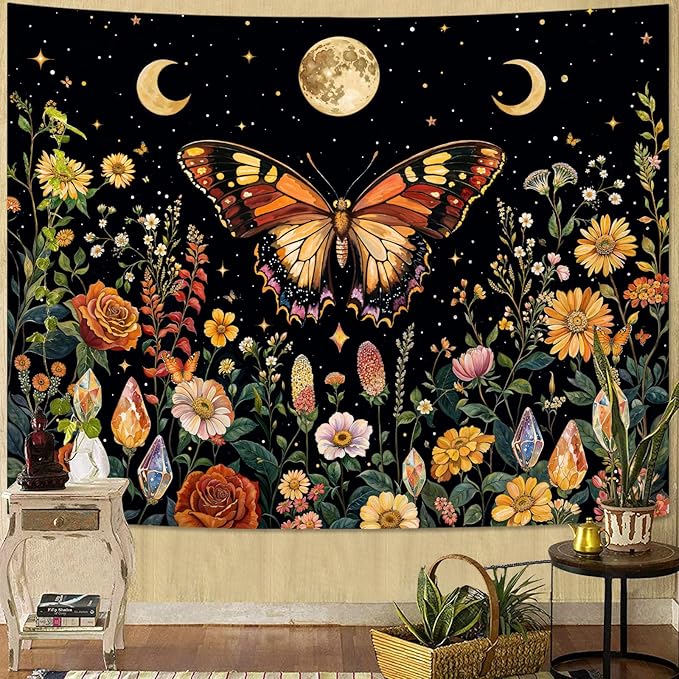 Lunerfex Boho Butterfly Tapestry Flower Moon Wall Tapestry, Moon Phases Tapestries for Bedroom Cute Tapestries Wall Hanging for Bedroom Living Room Decor Butterfly-2 44"x60"-Ruum Studio Home