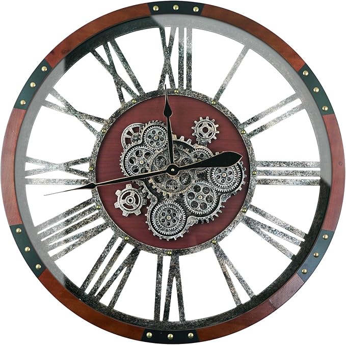 36 Inch Moving Gear Wall Clock, Oversized Wall Clocks, Clock Living Room Decor, Solid Wood Frame, Battery Operated, Large Wall Clock with Industrial for Fireplace(Black Walnut)-Ruum Studio Home