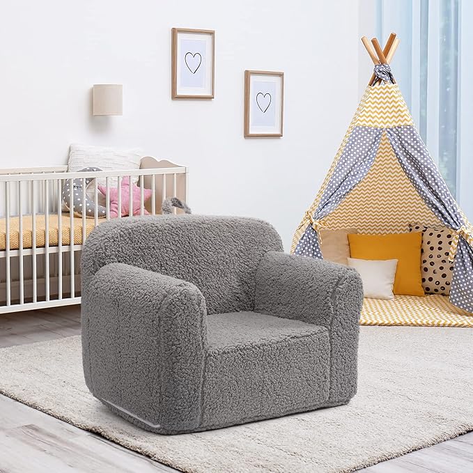 ALIMORDEN Kids Ultra-Soft Snuggle Foam Filled Chair, Toddler Cuddly Sherpa Reading Couch for Boys and Girls, Grey-Ruum Studio Home