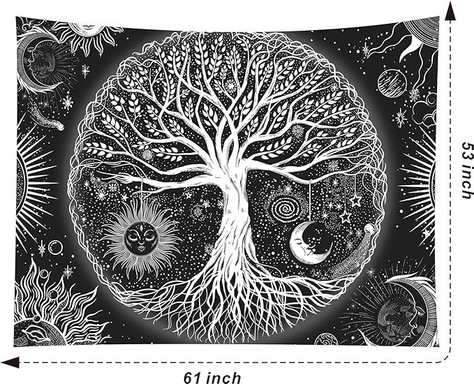FORATER Tree of Life Tapestry Wall Hanging, Sun and Moon Aesthetic Wall Tapestry Black and White Tapestries Home Decor for Living Room Bedroom(53 x 61 Inch, Black and White)-Ruum Studio Home