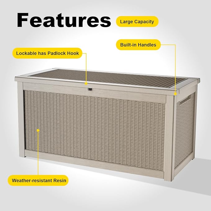 260 Gallon Outdoor Deck Box,Storage Lockable Waterproof Patio Furniture,Garden Tools,Cushions,Pool Accessories Outside Storage Resin Box(Grey)-Ruum Studio Home