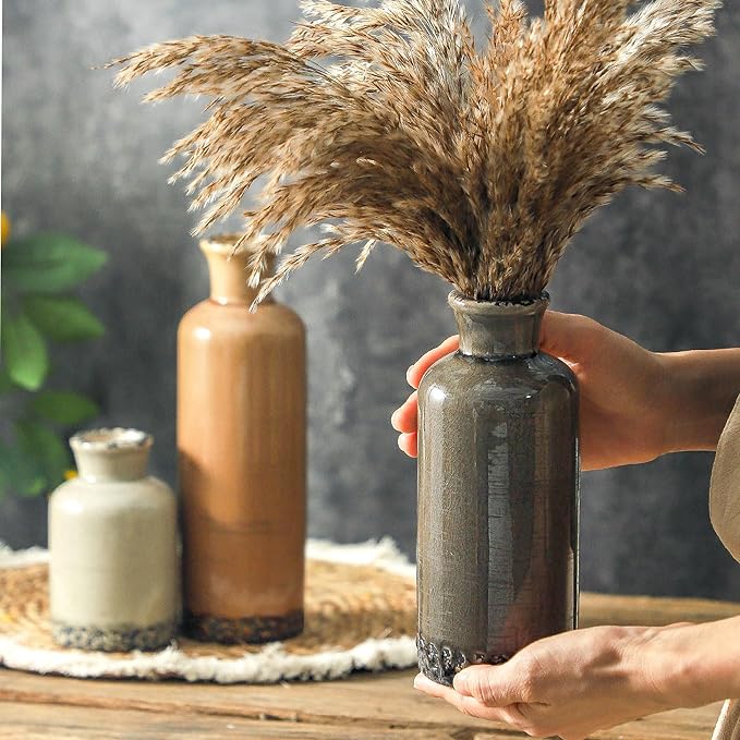 Ceramic Vase Set of 3, Neutral Flower Vases Home Decor, Pottery Rustic Farmhouse Decorative Vases Modern Decor for Table Mantel Entryway Bookshelf Living Room Kitchen Bedroom - Brown-Ruum Studio Home