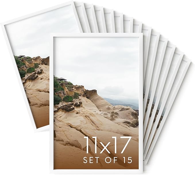 HAUS AND HUES 11x17 White Metal Picture Frames - Features Premium Aluminum, Vertical & Horizontal Hang, Shatterproof Plexiglass - Perfect for Home, Room, Office (11x17 in, White, Set of 15)-Ruum Studio Home