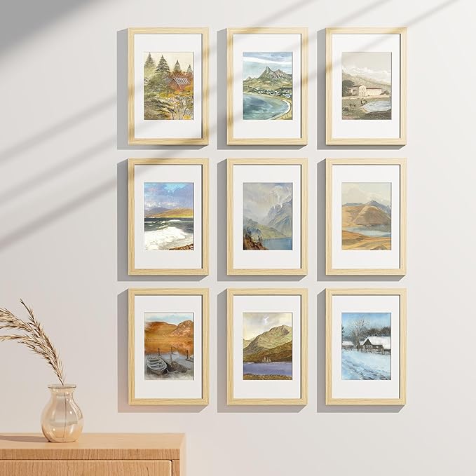 Vittanly 8x12 Picture Frames Set of 9, Shatter Resistant Plexiglass, Display 6x8 Pictures with Mat or 8x12 without Mat, Photo Frames for Wall or Tabletop, Engineered Wood, OAK-Ruum Studio Home