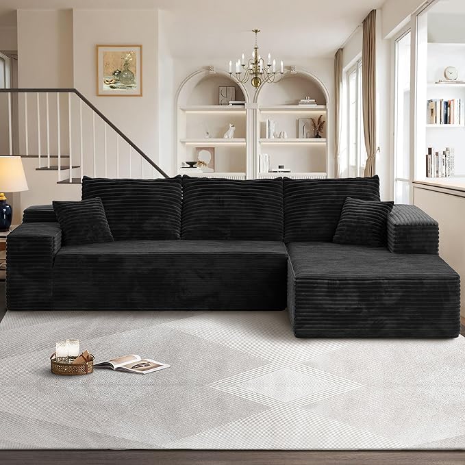 104" Cloudy Sectional L Shaped Couch for Living Room, No Assembly Required, Modular Comfy Sofa with Deep Seat, Fluffy Couch with Sleeper Chaise for Apartment Lounge (Black)-Ruum Studio Home